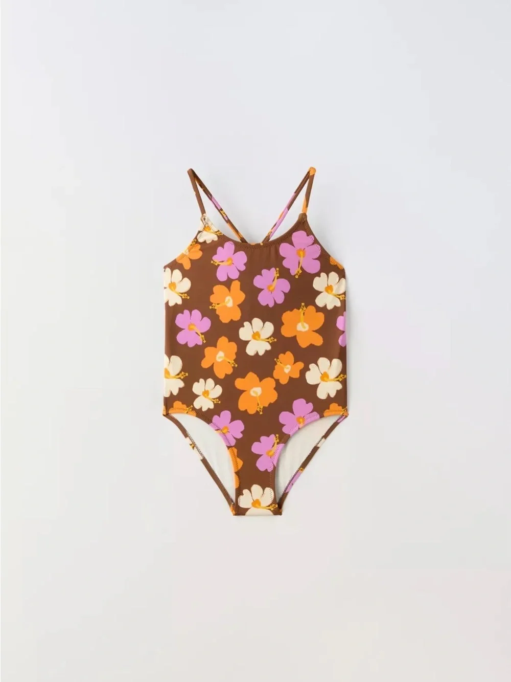 NWT Zara Kids Girls One-Piece Swimsuit Floral Brown Orange & Pink. Size 13-14.